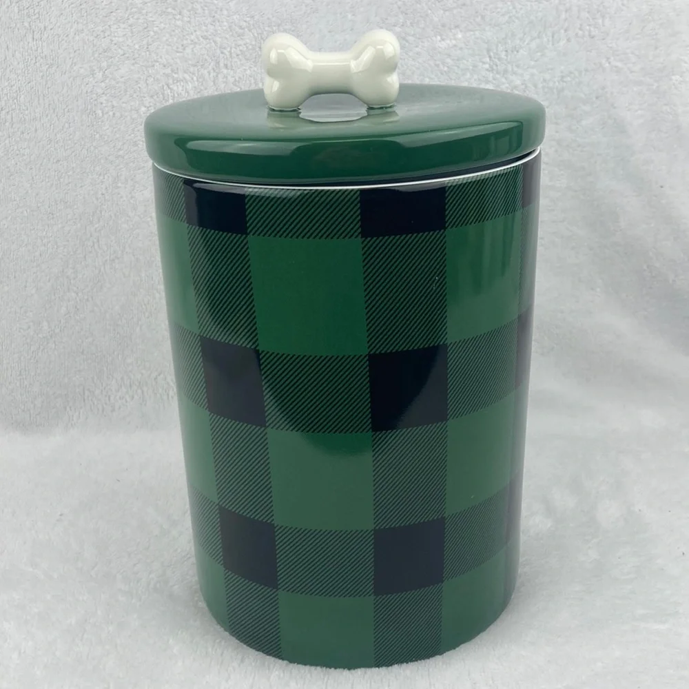 Paw & Tail Green Buffalo Plaid Ceramic Pet Treat Jar 9” NWT